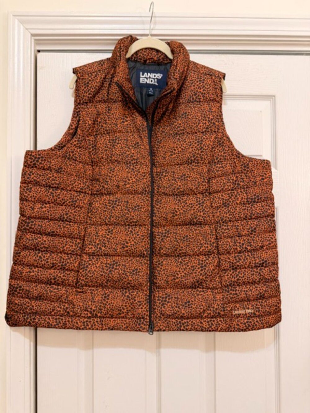 Lands' End Leopard Print Puffer Vest Snap Women"s Front Pockets 1X(16w-18w)